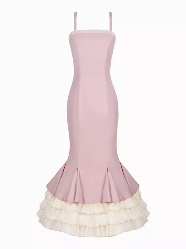 Sweet lolita pink dress with lace-up front closure and tiered ruffles, detailed view of top embellishments and lace design
