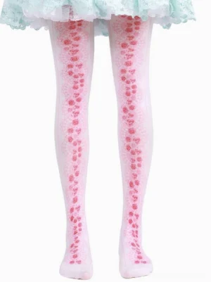 Sweet Lolita pink floral socks full front view white base with rose lace print pale mint green frilly lace skirt lolita coordinate