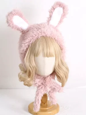 Pink fluffy rabbit ear Lolita headdress with long white scarf straps front view on mannequin