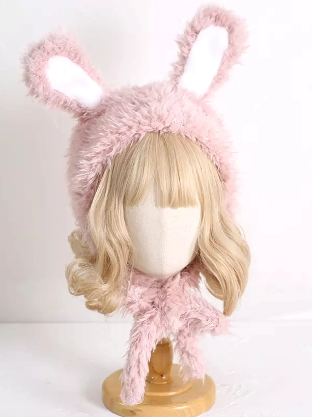 Pink fluffy rabbit ear Lolita headdress with long white scarf straps front view on mannequin