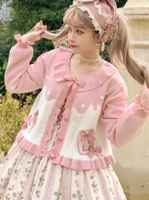 sweet lolita pink white ruffled coat side rear view hair bonnet button decorations heart bows romantic