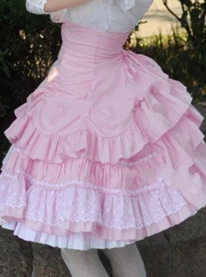 Pink sweet lolita high-waist skirt with multi-layer ruffles and lace trims rear view with white blouse