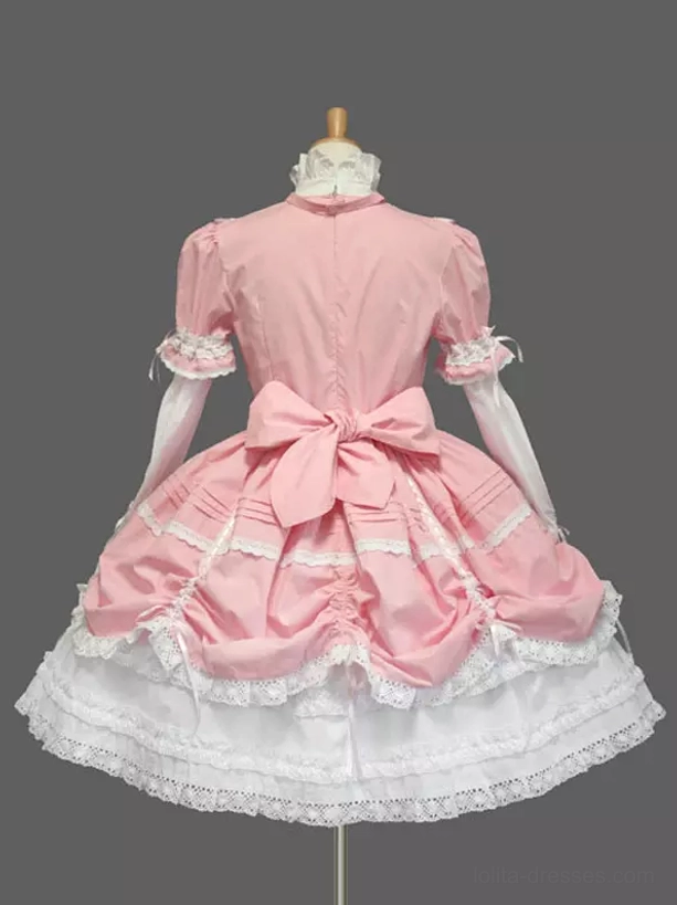 Sweet Lolita dress back view pink white large waist bow ruffled lace hem detail feminine design