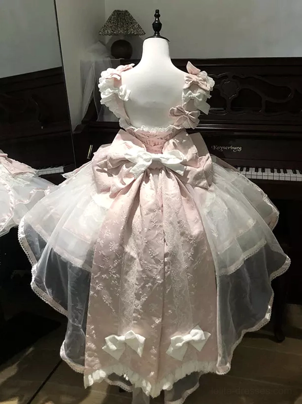 Sweet lolita pink white dress back view mannequin low back ruffle shoulder straps big back bow
