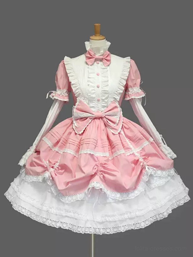 Sweet Lolita dress pink white front view bow necktie layered lace skirt dual-style sleeves feminine