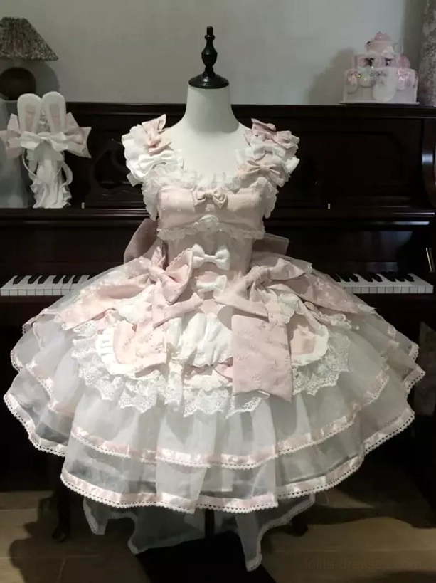 Sweet lolita pink white pinafore dress mannequin front view multi-layer tulle ruffled skirt