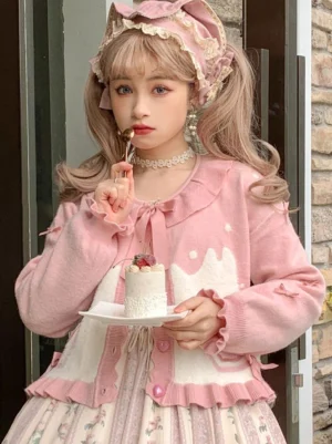 sweet lolita pink white ruffled bow coat front view twin-tailed model hair bonnet doll collar heart appliques