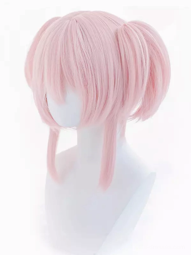 Sweet Lolita pink wig right side three-quarter view showcasing side bangs and full twin bun silhouette