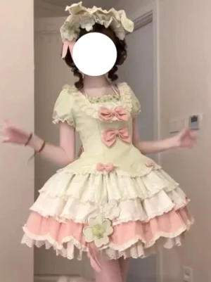 Sweet lolita dress square neckline pink bows layered ruffled lace-trimmed skirt half-body front view