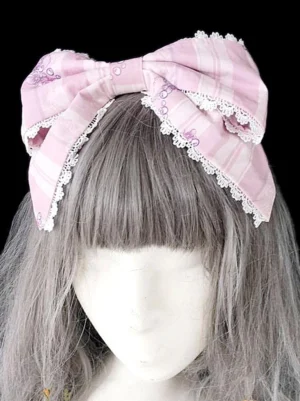 sweet-lolita-plaid-headbow-pink-scalloped-lace-embroidery-front-three-quarter-view-mannequin