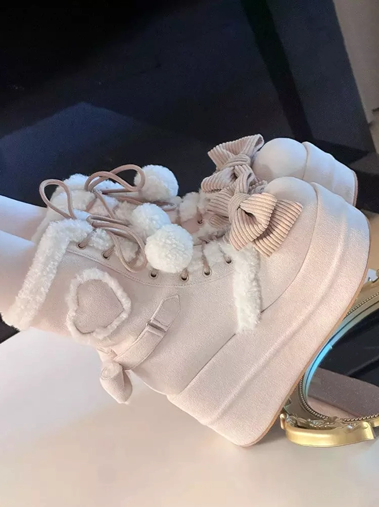 Light pink lolita platform boots side three-quarter view table display without model heart-shaped buckle fuzzy collar lace-up lacing