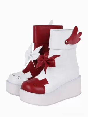 Red and white sweet lolita platform ankle boots three-quarter side view with butterfly wing accents bow details and cartoon toe pattern on pure white background