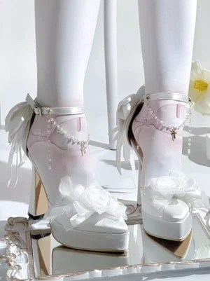Sweet Lolita Platform Shoes Front View - Light Pink Upper with Pearl Ankle Chain, Feather Bow, and White Flower Toe Decoration - Chunky Heel Design