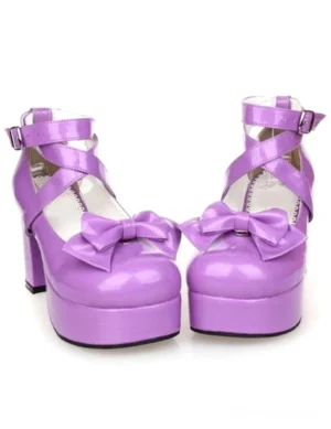 Sweet lolita platform chunky heels with cross ankle buckle straps and front bow ornament - purple pair front view