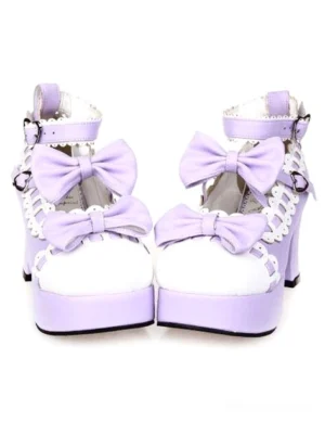 Sweet lolita chunky platform heels featuring light purple and white dual bows with heart-shaped buckle ankle strap and delicate lace trim - front pair view