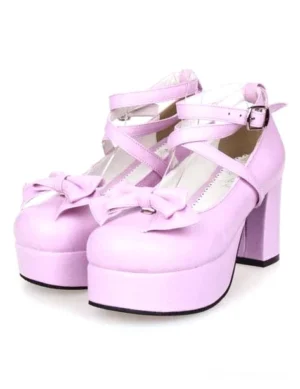 Sweet lolita platform Mary Jane heels with cross ankle straps and decorative bow - light pink colorway pair view