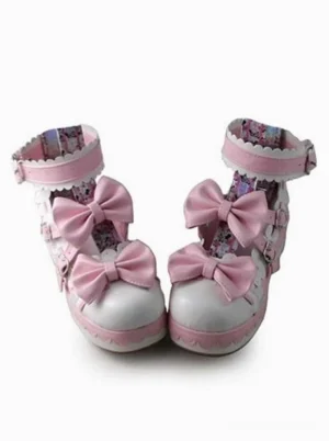 Sweet Lolita platform pump shoes frontal view displaying pink and white color scheme with dual fabric bows on each shoe and scalloped ankle straps perfect for Lolita fashion coordinates