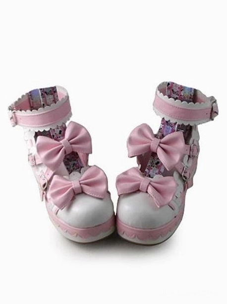 Sweet Lolita platform pump shoes frontal view displaying pink and white color scheme with dual fabric bows on each shoe and scalloped ankle straps perfect for Lolita fashion coordinates