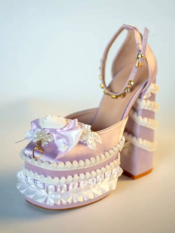 Sweet Lolita platform pumps collection showcase featuring multiple colorway options including pink, black, blue-white, and purple variants with ruffled decoration and chunky heel design