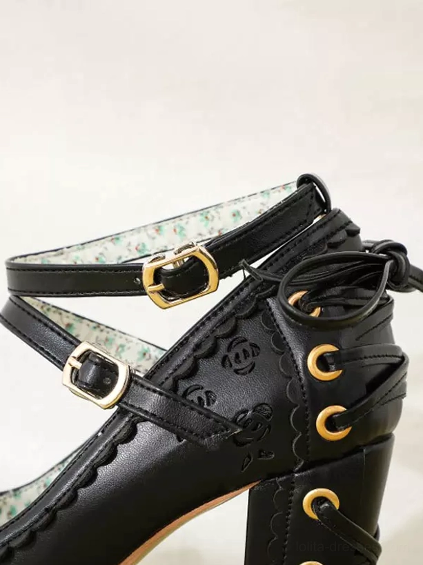 Sweet lolita platform pumps multi-color collection showcase featuring black pink beige and white colorways with bow toe and lace-up heel design