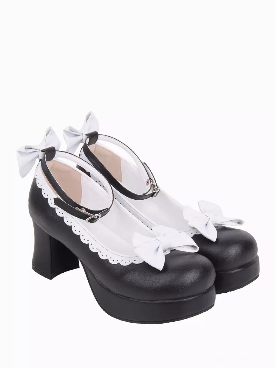 Side view of Sweet Lolita platform pumps featuring multiple white decorative bows, scalloped lace edging, black PU leather upper, and chunky block heel on white background