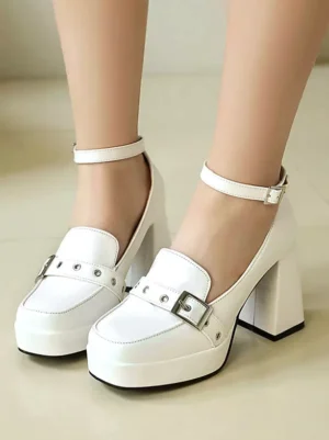 Sweet lolita platform pumps with metal buckle ankle strap in white patent leather, front close-up view showing square toe and metal details