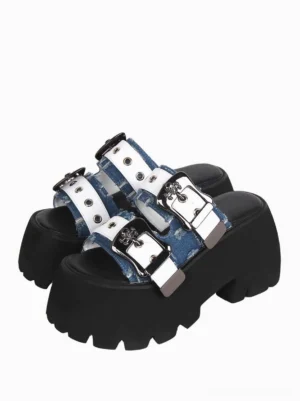 Sweet lolita light sky blue platform sandals front double pair display view with adjustable metal buckle straps and chunky serrated black platform sole