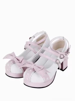 Sweet lolita platform sandals front oblique view white PU leather with pink bow and heart cutout toe cap design