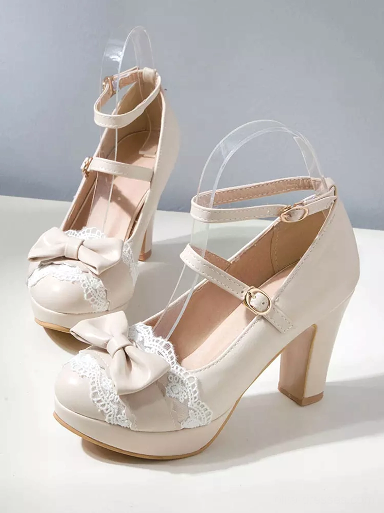 Beige sweet Lolita platform shoes front oblique angle bow and lace decoration double buckled ankle strap design soft color coordinate