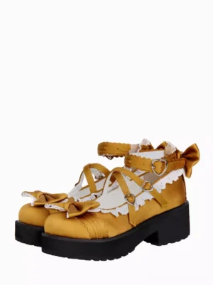 Sweet Lolita platform shoes front three-quarter view light brown satin upper with white lace trims heart-shaped buckles and bow embellishments