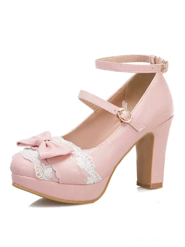 Pink sweet Lolita platform shoes side angle view pink PU leather pink bow lace trims double buckled ankle strap chunky heel