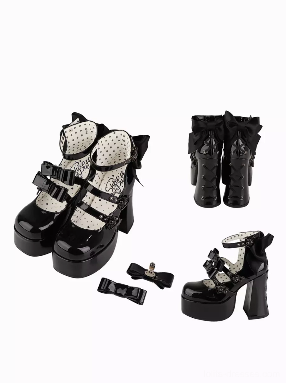 Sweet lolita platform shoes with round toe, polyurethane leather upper, polka dot lining, and chunky platform ideal for daily casual lolita wear