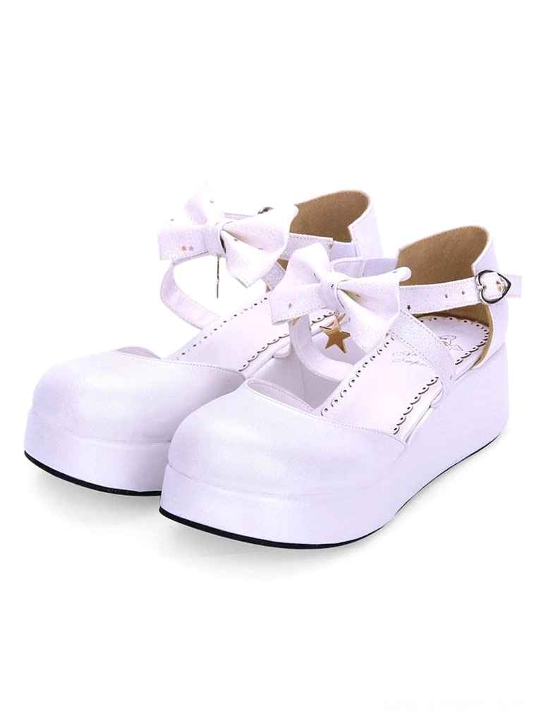 Sweet Lolita platform flatform shoes white satin finish with bow star charm decoration three-quarter side view pair