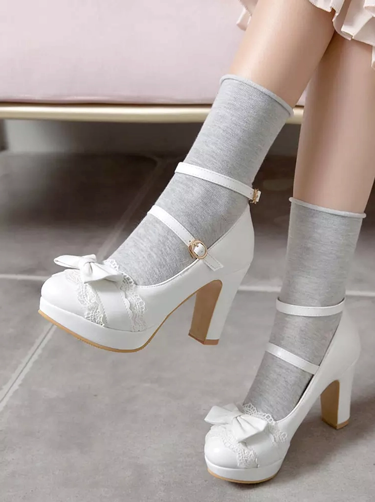 Sweet Lolita platform shoes overhead view white PU leather with grey socks on pink sofa background tea party coordinate