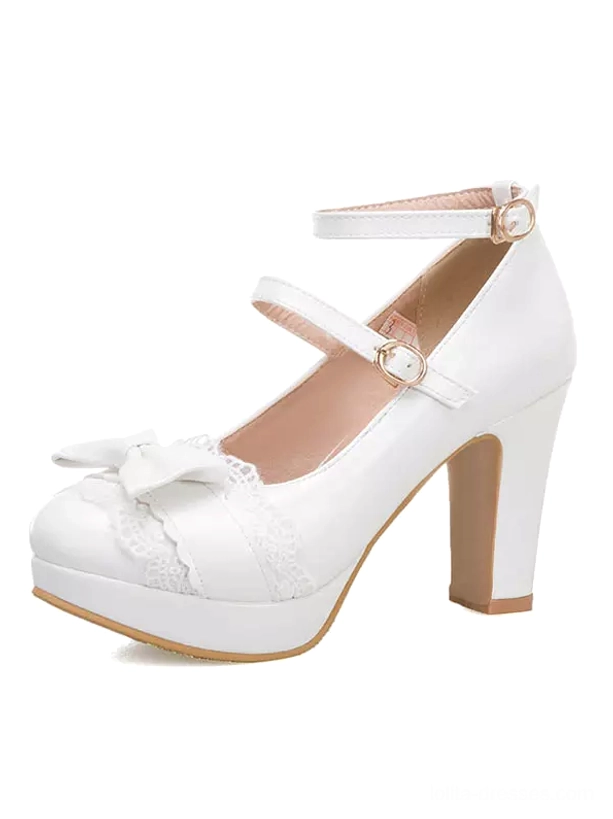 White sweet Lolita shoes side profile displaying double buckled ankle straps and decorative bow lace trim chunky platform heel