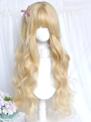 Sweet Lolita platinum blonde wig 80cm with air bangs, layered curly waves, and pink bow hairpin on faceless mannequin front view