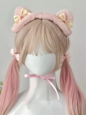 Sweet Lolita plush bear ear headband with pink fuzzy base and beige pink bow accents worn on mannequin with gradient pink twin ponytails front view