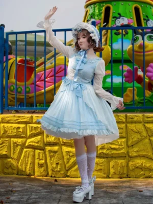 Sweet lolita dress light blue front view corset waist design with amusement park backdrop
