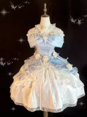 Front full view of enchanted garden sweet lolita princess dress featuring off-shoulder silhouette with blue-white color scheme, layered ruffled skirt, 3D rose appliques, front decorative bow on dress form with starry studio backdrop