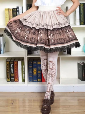 sweet lolita printed socks with vintage brown cross crown vine motifs light pink base full outfit coordinate with lolita skirt and brown loafers indoor bookshelf setting