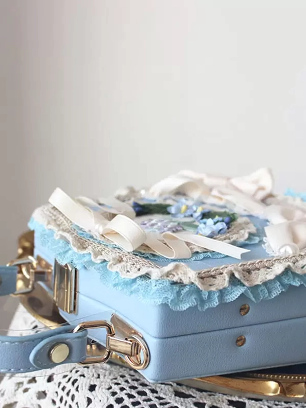 Sweet lolita PU leather handbag full product showcase with bow and lace embellishment details close-up