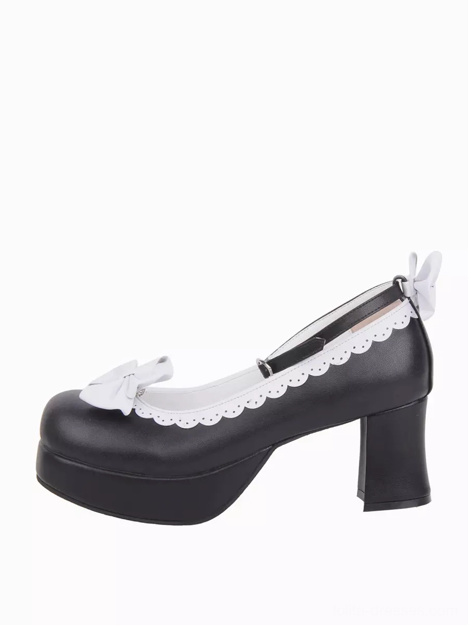 Single Sweet Lolita pump showcasing white toe bow, rear ankle strap with decorative bow, scalloped lace trim, and thick block heel platform on white studio background