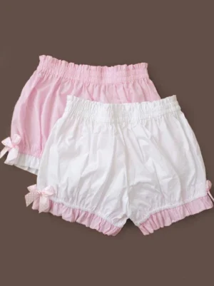 sweet-lolita-pumpkin-bloomers-dual-color-variants-ruffled-cuffs-bow-trims-flat-lay-front-view