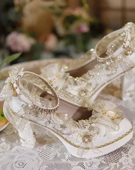 Lolita chunky heel pumps rear side view featuring ankle buckle strap pearl jewel embellishments and lace frills