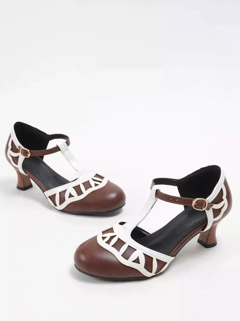 Sweet Lolita pumps product showcase featuring T-strap design, round toe silhouette, and vintage-inspired heel carving