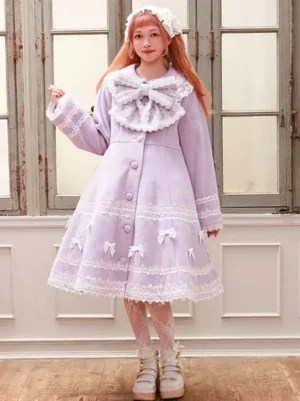 Sweet Lolita soft purple overcoat with lace bow collar front full-body view on model vintage room setting