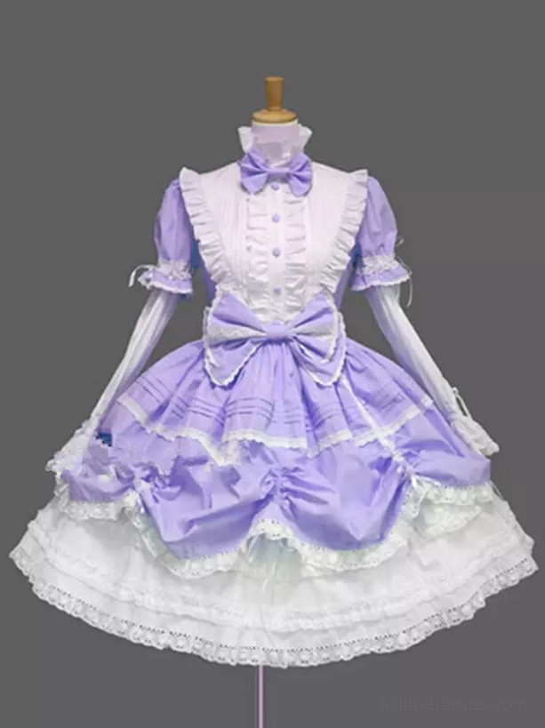 Sweet Lolita dress front view purple white color bow necktie layered lace skirt dual-style sleeves