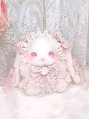 Sweet Lolita plush rabbit crossbody bag front view white with pink ruffled lace floral print bows pearl embellishments diamond flower ornaments