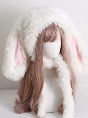 Fluffy white rabbit ear lolita hat with pink inner ear lining and matching fur scarf, displayed on mannequin with light brown wig in three-quarter front angle view