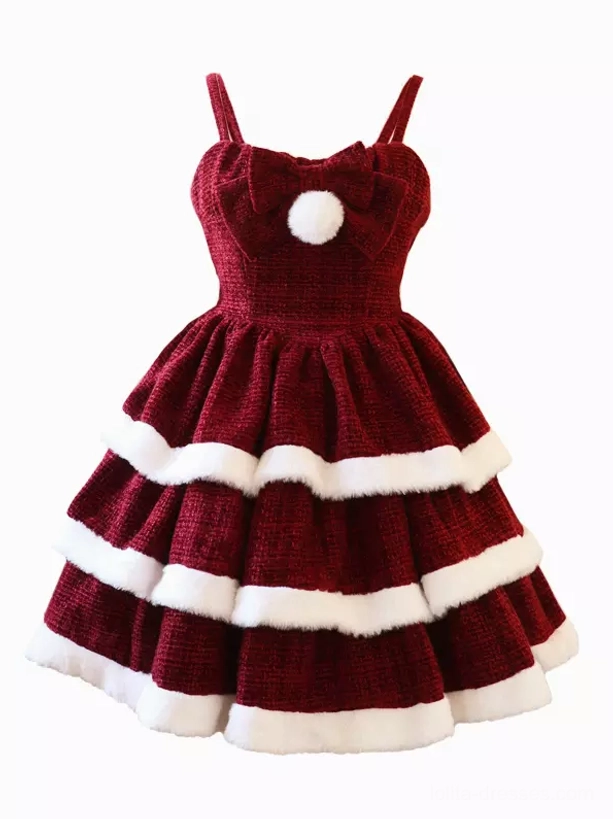 Sweet lolita red Christmas dress cape bowknot set styled presentation for holiday party fashion event wearing and coordination inspiration